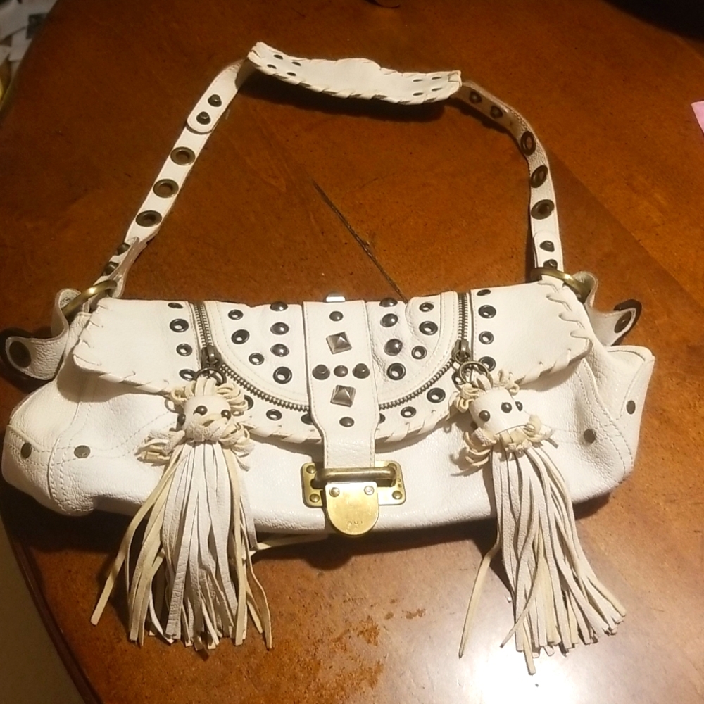 White Leather Studded Tassel shoulder bag